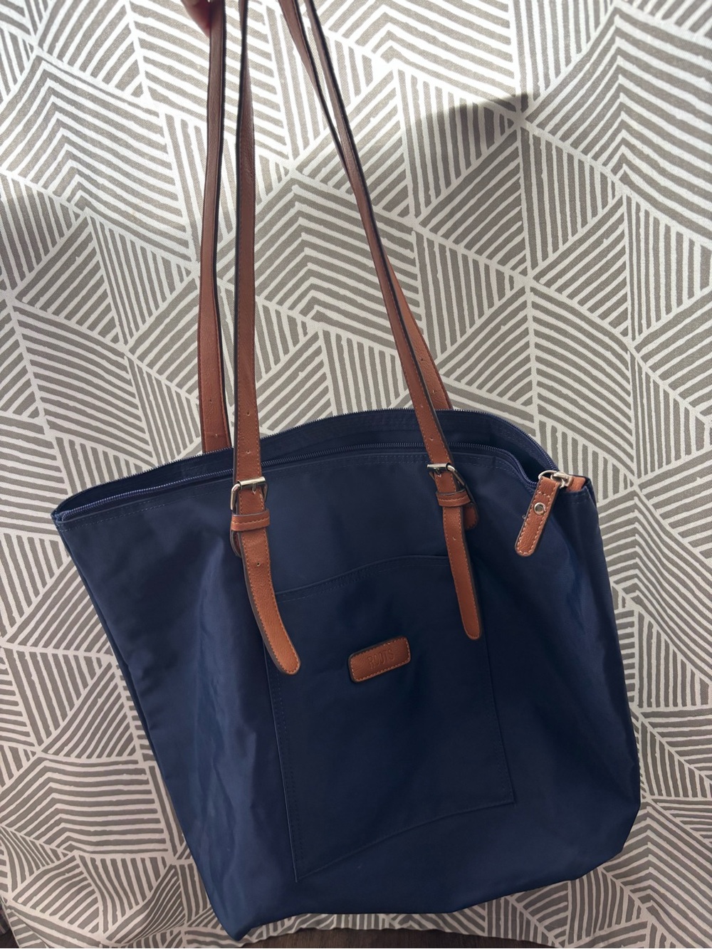 Roots Navy Tote Bag with Brown Leather Straps